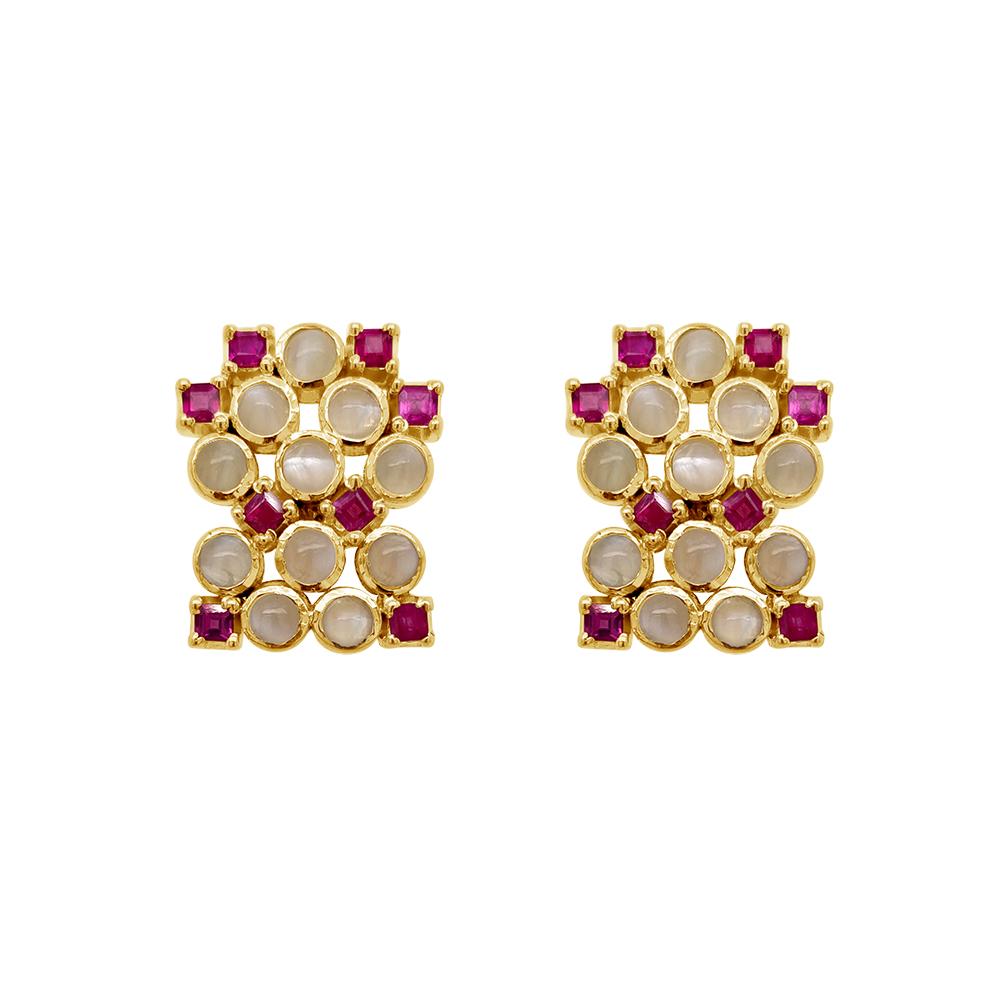 18K Yellow Gold Gold Ruby,Moonstone Earrings for women