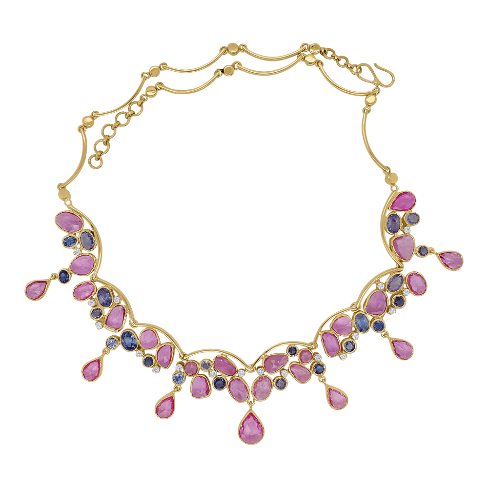 18K Yellow Gold Gold Pink Sapphire,Blue Sapphire,Diamond Necklaces for women
