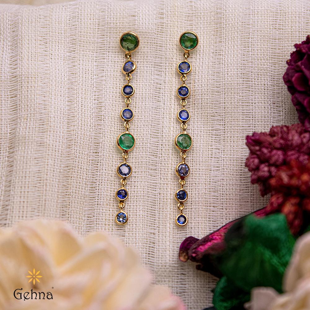18K Yellow Gold Gold Blue Sapphire,Emerald Earrings for women