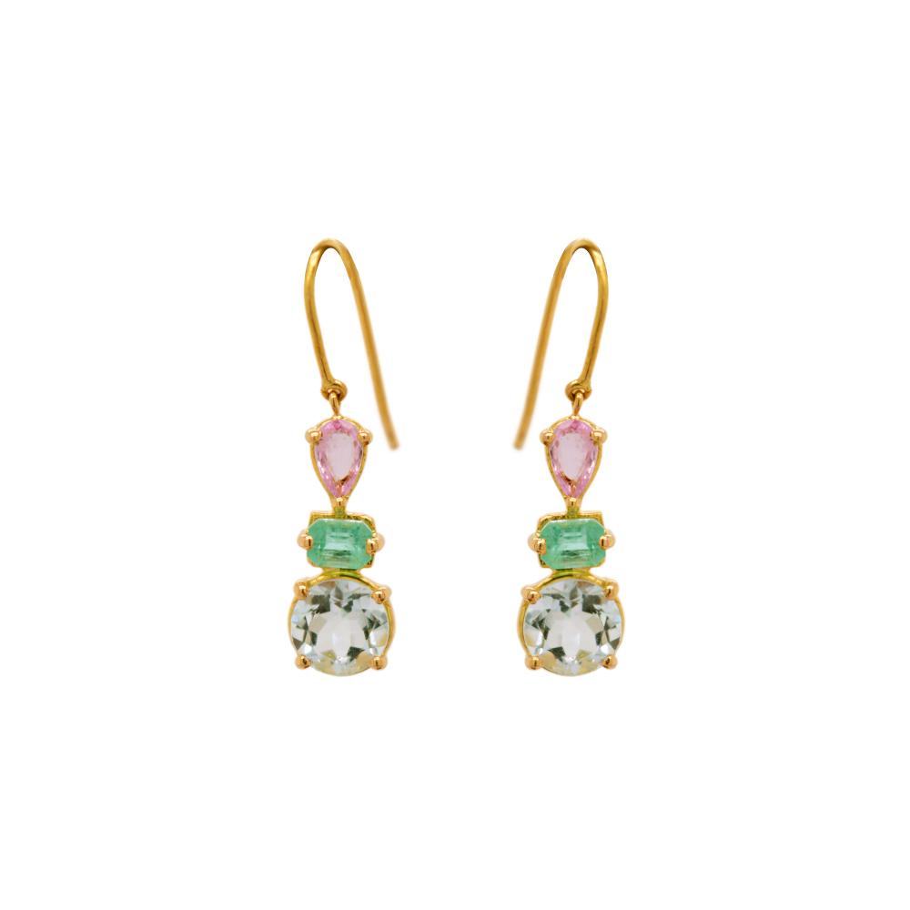 18K Yellow Gold Gold Pink Sapphire,Aquamarine,Emerald Earrings for women