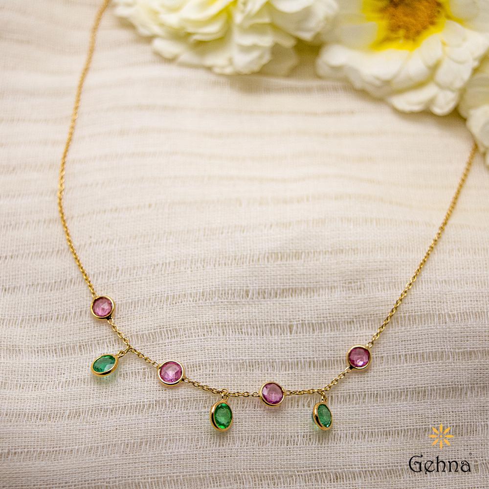 18K Yellow Gold Gold Pink Sapphire,Emerald Chain for women