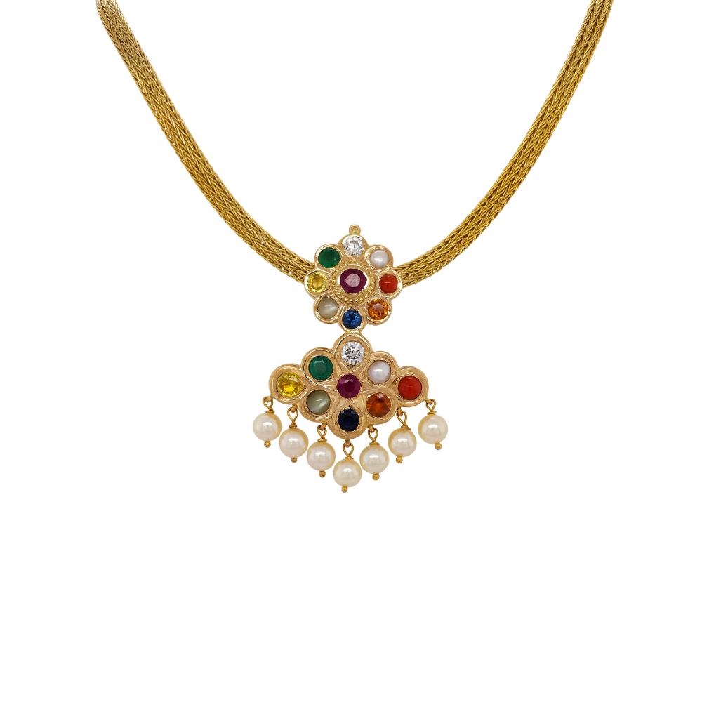 22K Yellow Gold Gold Cultured Freshwater Pearl,Navratna Stones,Diamond Pendants for women