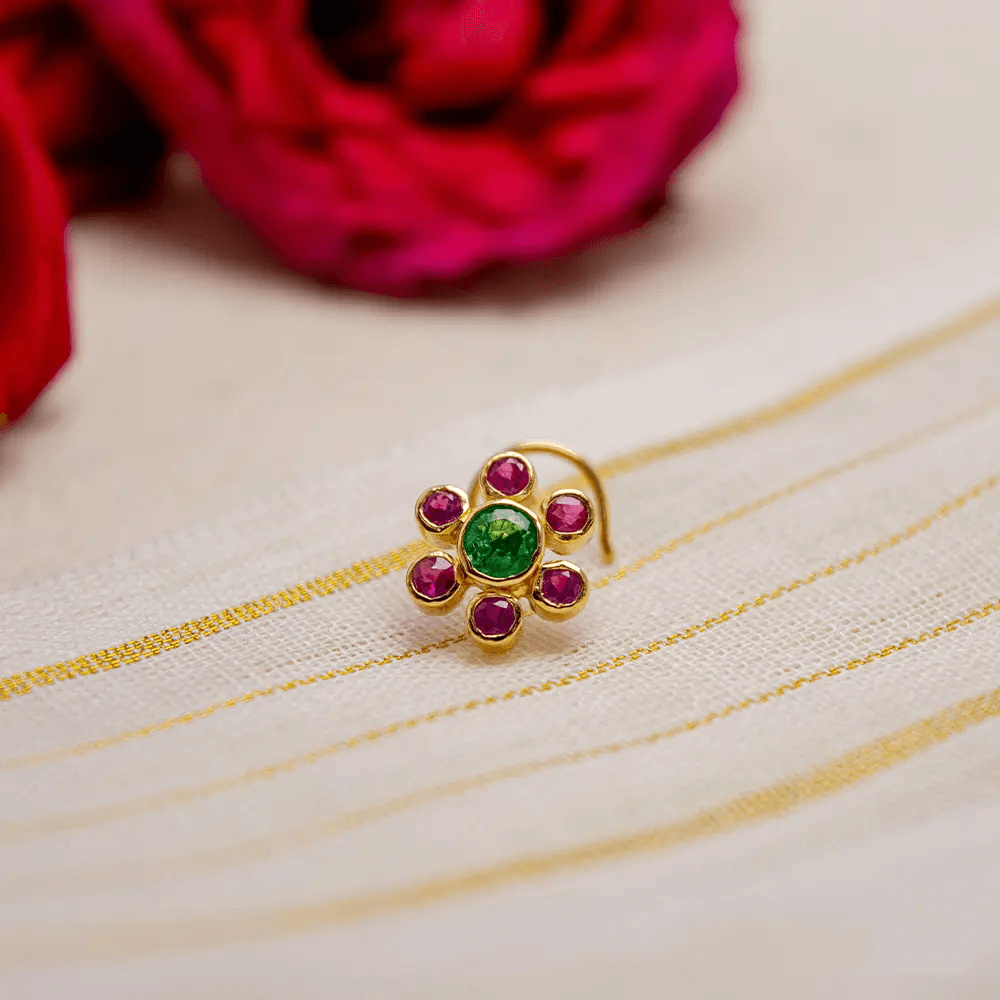 22K Yellow Gold Gold Ruby,Emerald Nosepins for women