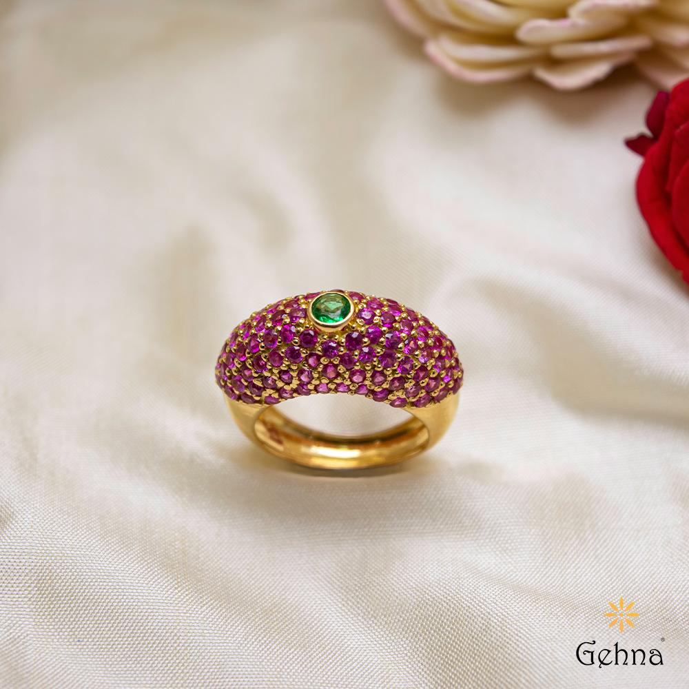 18K Yellow Gold Gold Pink Sapphire,Emerald Rings for women