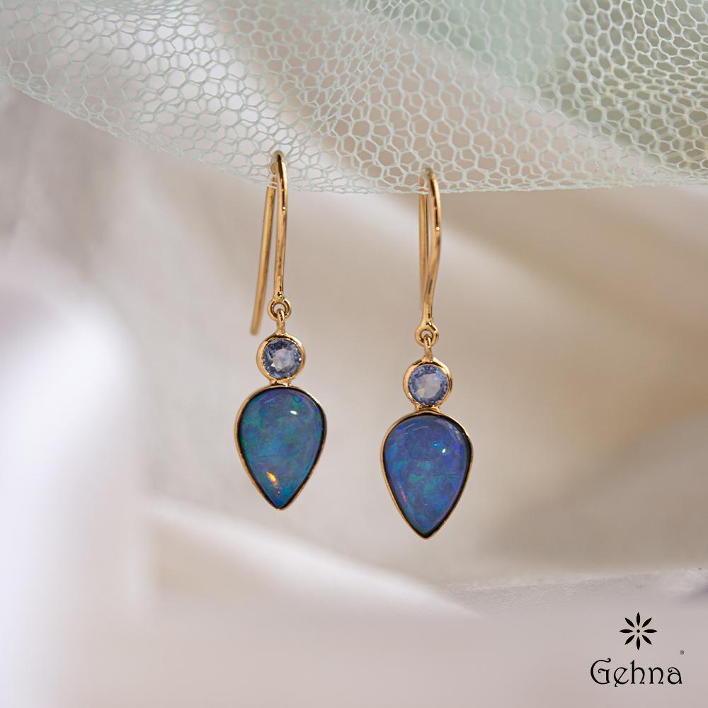 18K Yellow Gold Gold Opal,Blue Sapphire Earrings for women