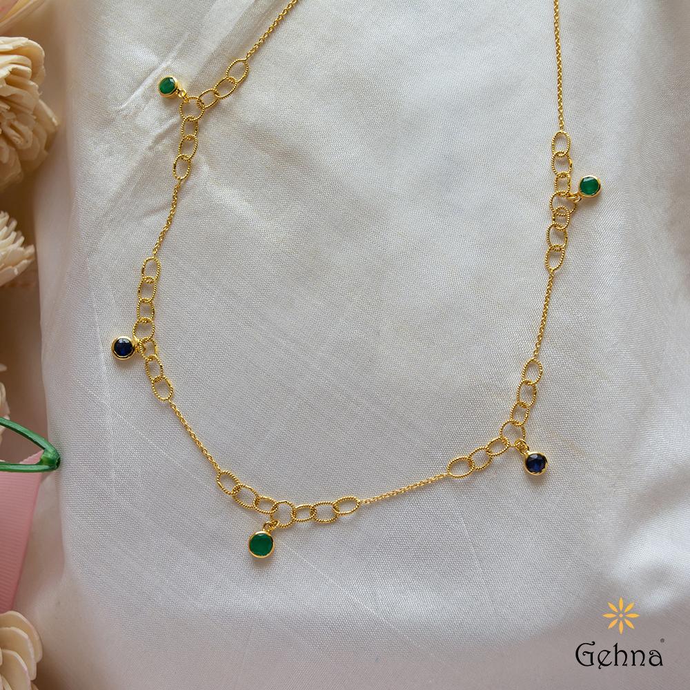 18K Yellow Gold Gold Blue Sapphire,Emerald Chain for women