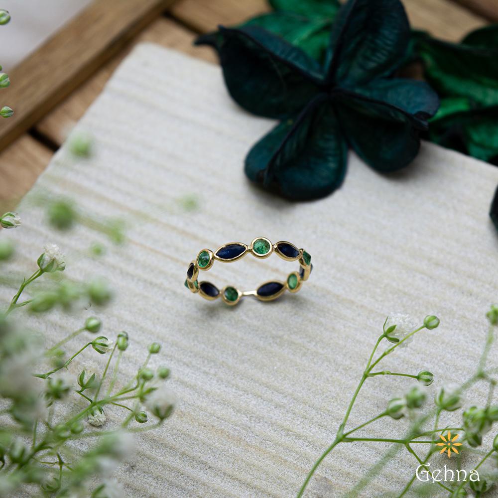 18K Yellow Gold Gold Blue Sapphire,Emerald Rings for women