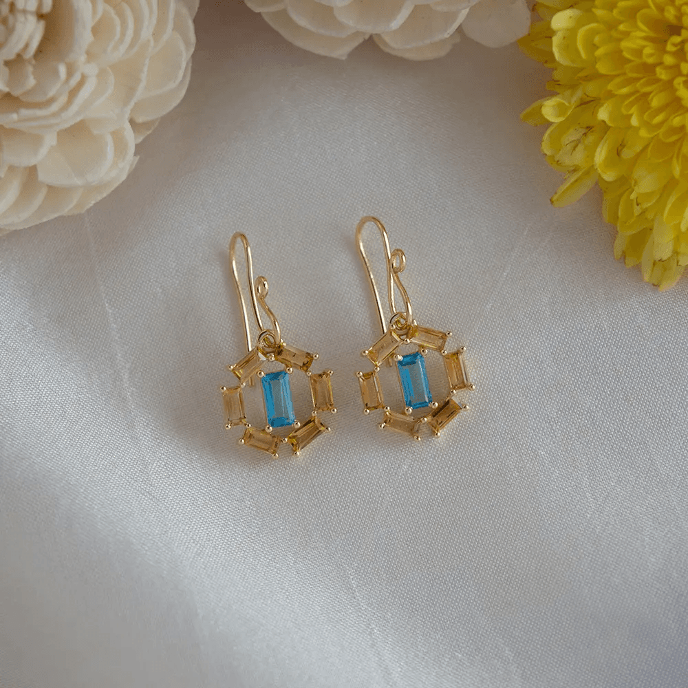 18K Yellow Gold Gold Blue Topaz,Citrine Earrings for women