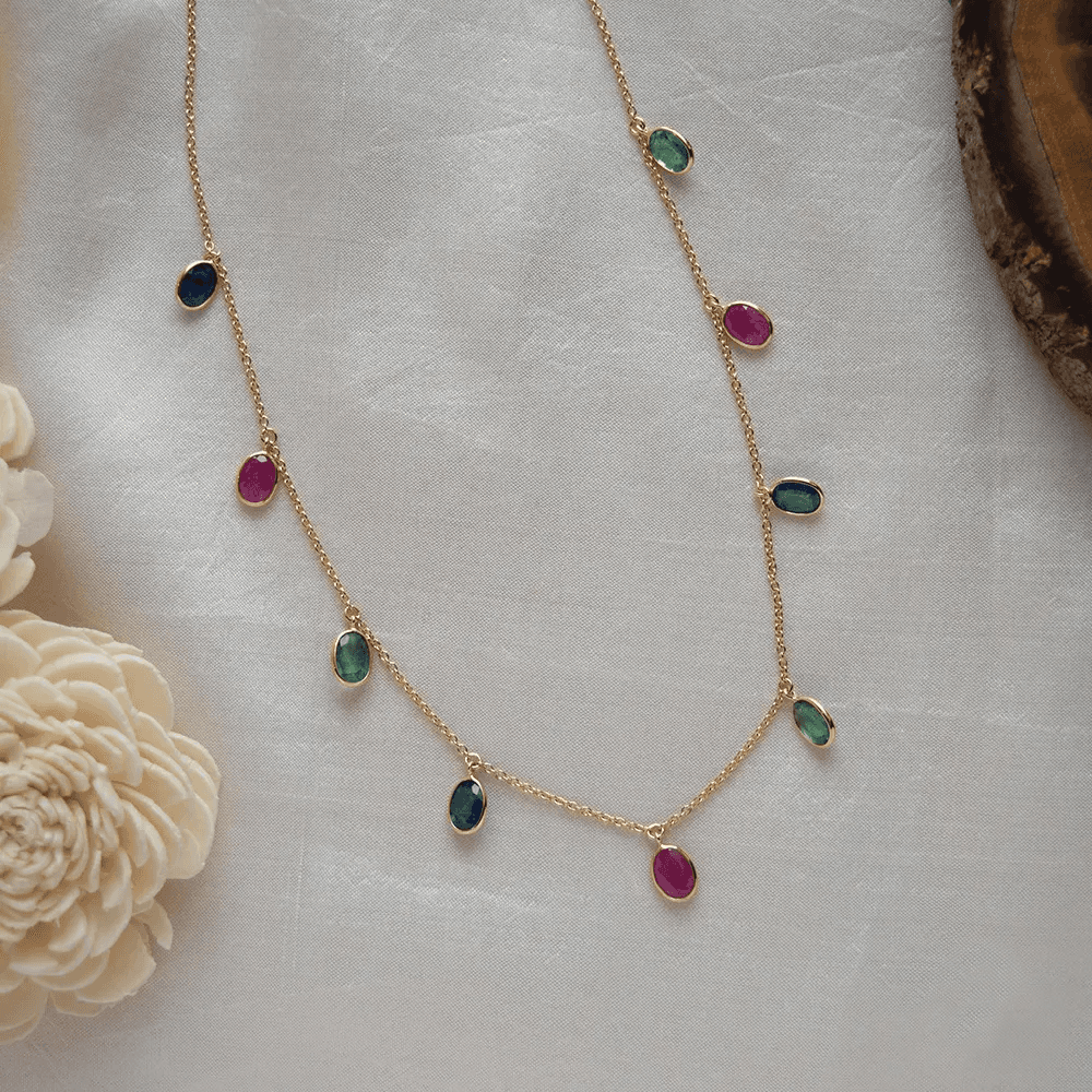 18K Yellow Gold Gold Ruby,Blue Sapphire,Emerald Chain for women