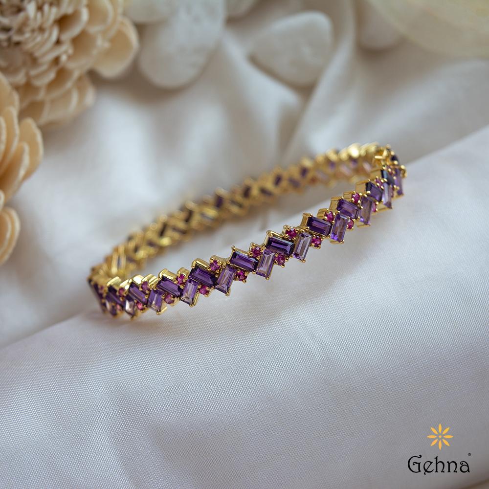 18K Yellow Gold Gold Pink Sapphire,Amethyst Bangle for women