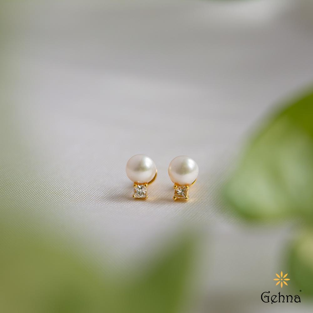 18K Yellow Gold Gold Cultured Button Pearl,Diamond Earrings for women