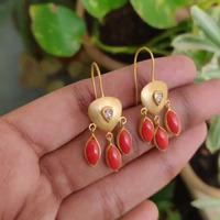 18K Yellow Gold Gold Diamond,Coral Earrings for women image 2