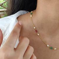 18K Yellow Gold Gold Cultured Baroque Pearl,Pink Tourmaline,Emerald Chain for women image 3