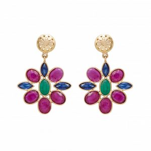 Ruby, Sapphire and Emerald 18K Gold Drop Earrings